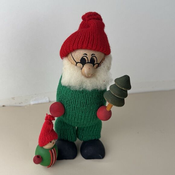 Tomte Vintage Sweden 6” Christmas Figure Wooden Decor Art Grandpa w Tree, Child - Picture 1 of 12